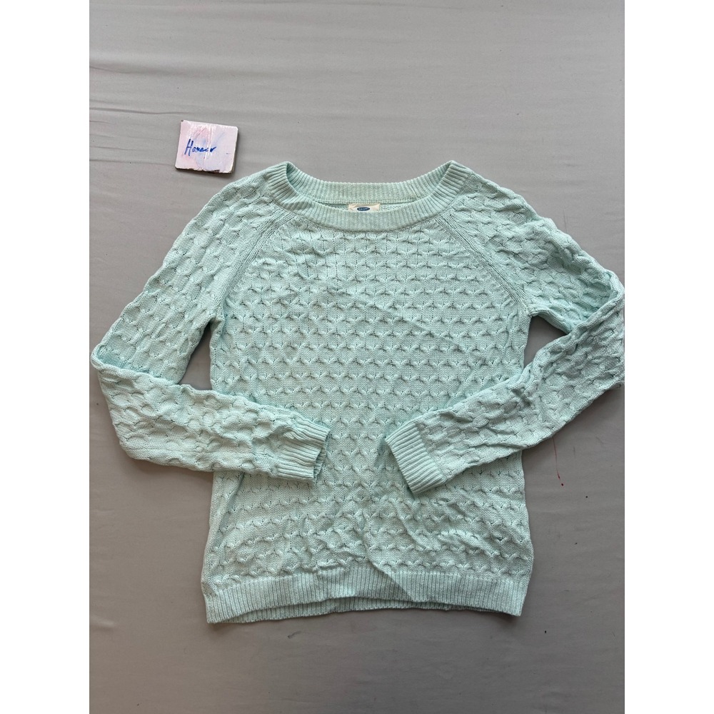 Old Navy Womens Mint Green Cable Knit Crewneck Sweater Size Medium Raglan Sleeve